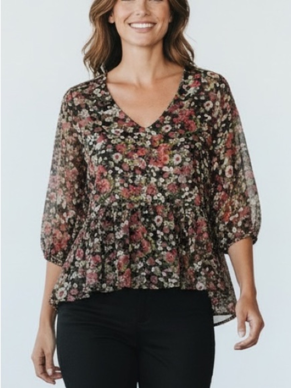 Full Tilt Floral Sheer Hi-Low Boho Style Top/Blouse Back Opening/Cutout Size M